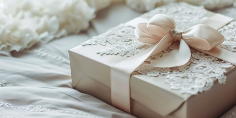 Fototapeta na wymiar Gift Box on Bed. Close-up of a present box decorated with delicate lace fabric. A gift for the bride, packaging.