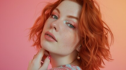 A captivating image of a redhead looking directly at the camera, her natural beauty accentuated by subtle makeup in a studio setting.