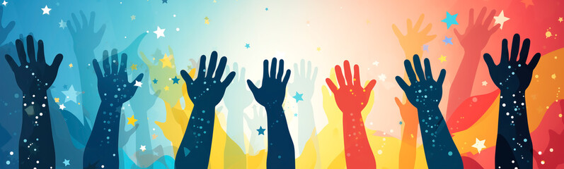 Abstract illustration of people raising hands up on colorful background with stars. Concept of unity, friendship, peace and happiness. - obrazy, fototapety, plakaty