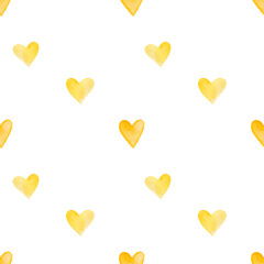 Yellow pastel watercolor hearts seamless pattern. Valentines day decor for cards, fabric, wrapping paper, scrapbooking. Hand painted