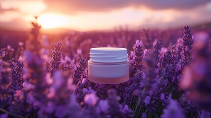 A luxurious skincare set nestled among fragrant lavender fields.