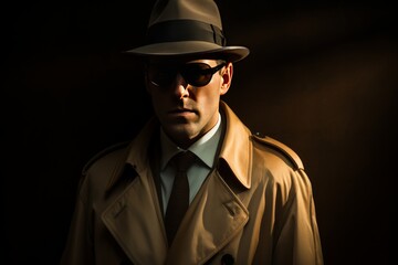 A professional detective in classic investigator attire meticulously observes and surveys the scene for evidence. Generative AI.