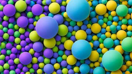 Vector background with colorful balls or bubbles for kids zone or children's playroom. Many colored matte soft random spheres in different sizes. Huge pile of colored mixed chaotic big and small orbs