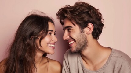 "A young couple sharing a joyful moment smiling and looking into each other's eyes with the woman wearing a gold necklace and the man in a casual gray sweater set against a soft pink background."
