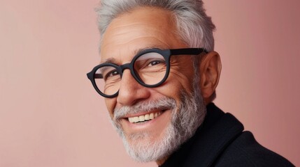 A man with a gray beard and mustache wearing black glasses smiling warmly against a soft pink background.