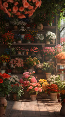 Bouquets and flowerpots in a flower shop