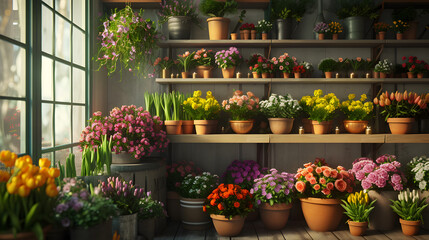 Bouquets and flowerpots in a flower shop - obrazy, fototapety, plakaty