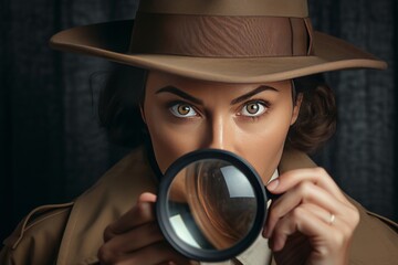 Woman Female detective, clad in classic investigator attire, meticulously observes and surveys the scene for evidence.Generative AI. - obrazy, fototapety, plakaty