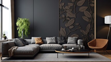 design of modern living room with black patterned wall background