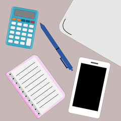 Display of some equipment on a study or work desk. Vector illustration.