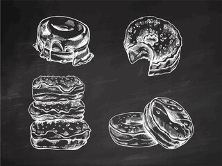 A set of hand-drawn sketches of donuts isolated on chalkboard background. Vintage illustration. Pastry sweets, dessert. Element for the design of labels, packaging and postcards.
