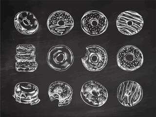 A set of hand-drawn sketches of donuts isolated on chalkboard background. Vintage illustration. Pastry sweets, dessert. Element for the design of labels, packaging and postcards.