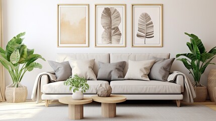 Modern living room with gray sofa and rattan table, adorned with tropical leaf decor and elegant accents. Abstract mock up paintings on white walls. Template.