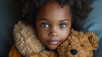 Whispers of Innocence: A Tender Bond Between a Little Girl and Her Beloved Teddy Bear. Generative AI.