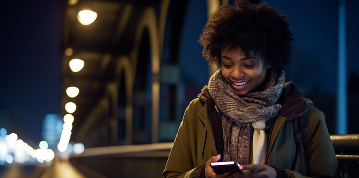 Woman Mobile Phone Night Outdoors Concept
