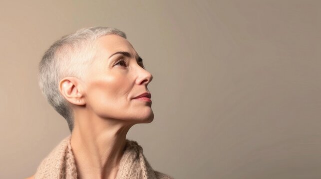 A close-up portrait of a woman with short gray hair wearing a beige sweater looking off to the side with a thoughtful expression.