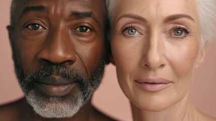 Close-up portrait of two individuals afro man and Caucasian woman both appearing to be middle-aged with a neutral expression and their eyes are looking directly at the camera. - 730954459