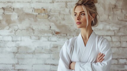 Joyful european girl training in judo or karate with space for text, looking away with a smile