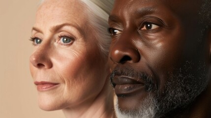 A close-up image of two individuals an afro man and Caucasian woman both appearing to be middle-aged with visible signs of aging.