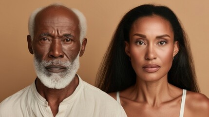 A portrait of an older man with a white beard and an African woman with long hair both posing against a neutral background showcasing a contrast in age and possibly cultural backgrounds.