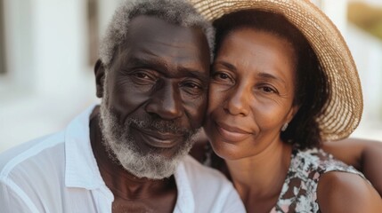 An elderly couple sharing a tender moment embracing each other with affectionate smiles set against a blurred background that suggests a warm outdoor setting possibly a vacation or a special occasion.