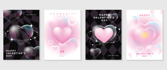 Happy Valentine's day love cover vector set. Romantic symbol poster decorate with trendy gradient heart pastel colorful background. Design for greeting card, fashion, commercial, banner, invitation. - 730954681