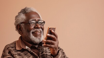 An elderly man with a white beard and glasses wearing a patterned jacket smiling and holding a smartphone possibly engaged in a conversation or viewing content on the device. - obrazy, fototapety, plakaty