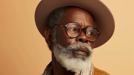 A man with a distinguished appearance wearing a wide-brimmed hat glasses and a patterned scarf gazing off to the side with a thoughtful expression.