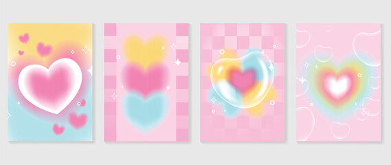 Happy Valentine's day love cover vector set. Romantic symbol poster decorate with trendy gradient heart pastel colorful background. Design for greeting, fashion, commercial, banner, invitation.