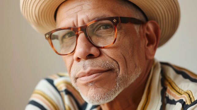 A man with a distinguished appearance wearing a straw hat glasses and a striped shirt exuding a sense of wisdom and experience.