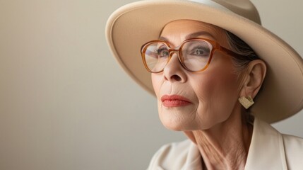 Elegant older woman with a thoughtful expression wearing a wide-brimmed hat oversized glasses and a white blazer set against a neutral backdrop.