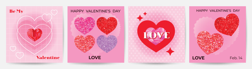 Happy Valentine's day love square cover vector set. Romantic symbol wallpaper of heart shaped icon, foil and glitter texture, halftone. Love illustration for greeting card, web banner, package, cover.