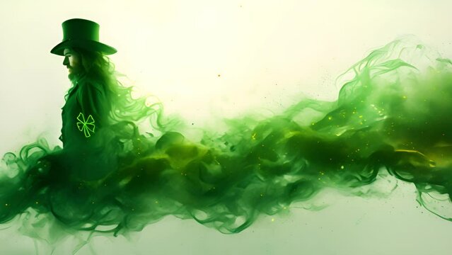 Saint Patrick's Day character leprechaun with green hat and four leave clovers sparkles Shamrock copy space 4k video