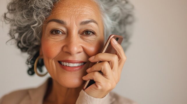 A smiling elderly woman with gray hair wearing a gold hoop earring holding a smartphone to her ear. - Powered by Adobe
