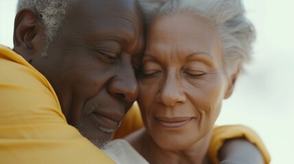 An elderly couple sharing a tender moment their faces close together