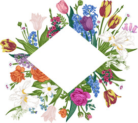 Rhombus frame with garden flowers. Botanical illustration. Iris, hyacinth, tulip, forget-me-not, cloves, anemone.  Colorful. Hand drawing. - 730955279
