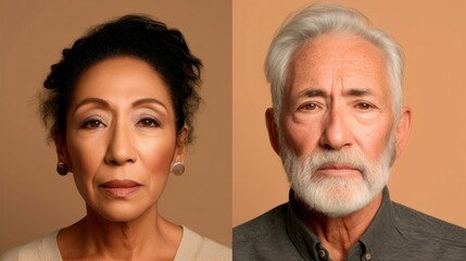 A side-by-side comparison of two individuals likely intended to showcase the effects of age or a transformation process. - obrazy, fototapety, plakaty