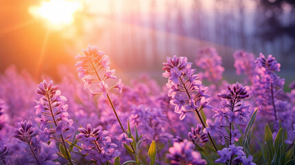 Spring purple flowers in the field in the rays of sunlight. Summer meadow at sunrise. Close up of...