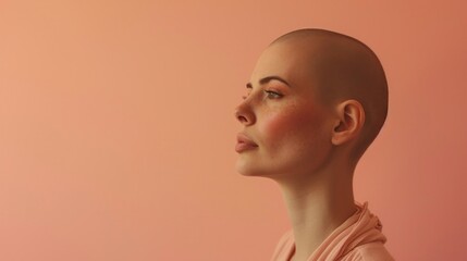 A close-up portrait of a person with a shaved head wearing a pink garment against a soft pink background with a contemplative expression and a subtle hint of makeup on the face.