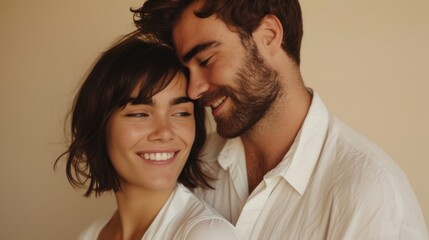 A close-up photograph of a smiling couple sharing a tender moment with the man gently kissing the woman's forehead both dressed in white against a soft-focus warm-toned background.