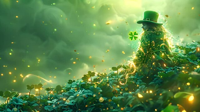 Saint Patrick's Day character leprechaun with green hat and four leave clovers sparkles Shamrock copy space 4k video