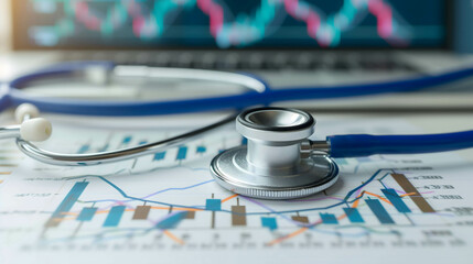 Investment in medical business group concept, stethoscope on the table in stock background