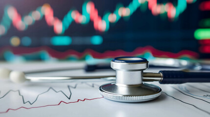Investment in medical business group concept, stethoscope on the table in stock background - obrazy, fototapety, plakaty