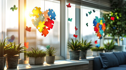 The window of the office of a psychotherapist working with children with autism syndrome, decorated with hearts made of pieces of multicolored puzzles