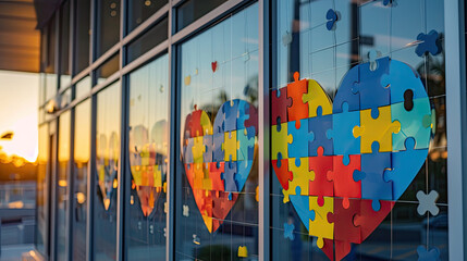 The glass wall of the healthcare institution for the development of children with autism syndrome, decorated with hearts made of pieces of colorful puzzles
