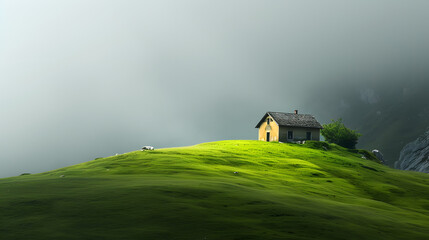 Lonely small house on top of a green hill 