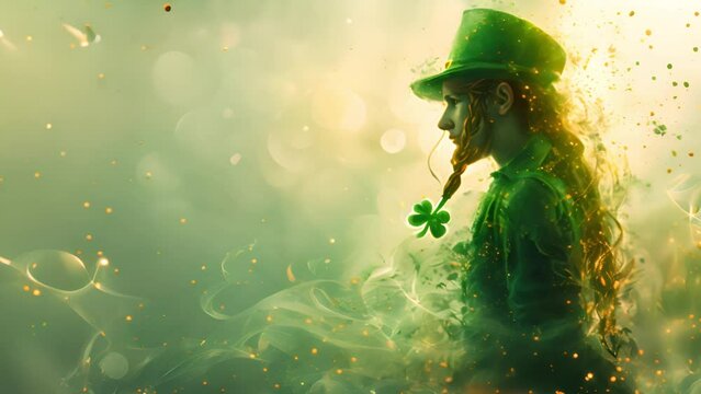 Saint Patrick's Day character leprechaun with green hat and four leave clovers sparkles Shamrock copy space 4k video