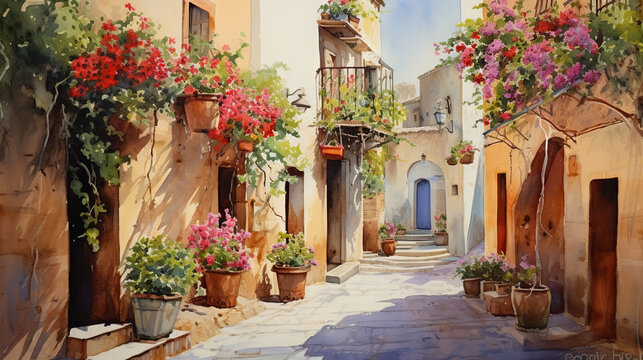 Watercolor illustration of a narrow street of an old colorful Mediterranean town with potted flowers, blooming bushes and lanterns