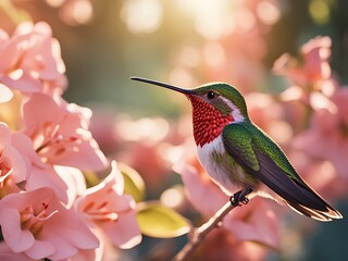 Fototapeta premium Perched hummingbird. Small colorful bird on flower. Blooming flower.
