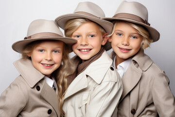 A gathering of young Children Kids sleuths, outfitted in hats and long coats, set against a white backdrop. Generative AI.